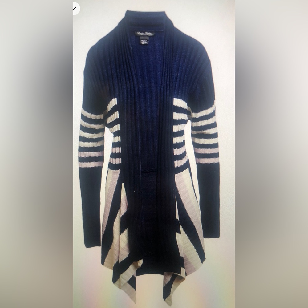 Navy & White Thick Stripe Ribbed Drape-Hem Classic Cardigan (NWT- New!)